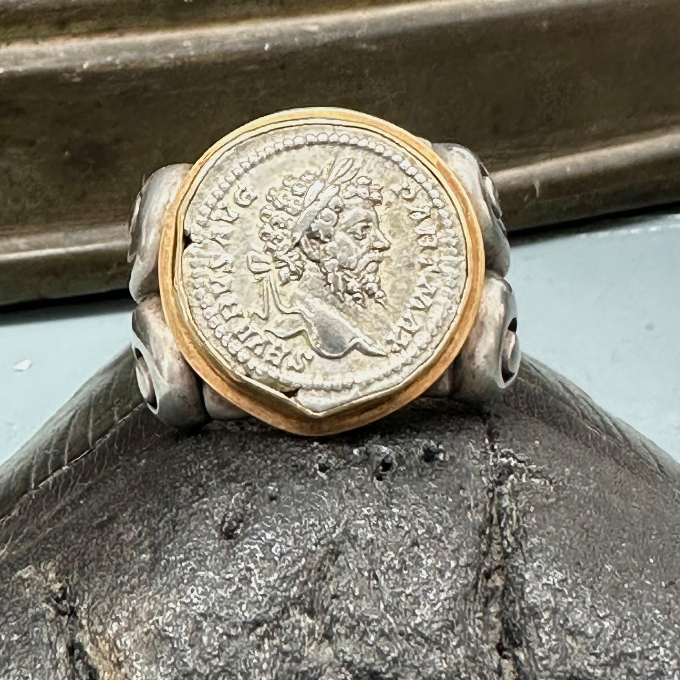 Ancient Roman 2nd Century AD Septimius Severus Coin Sterling 18K Gold Mens Ring For Sale 1