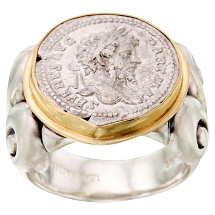 Ancient Roman 2nd Century AD Septimius Severus Coin Sterling 18K Gold Mens Ring For Sale