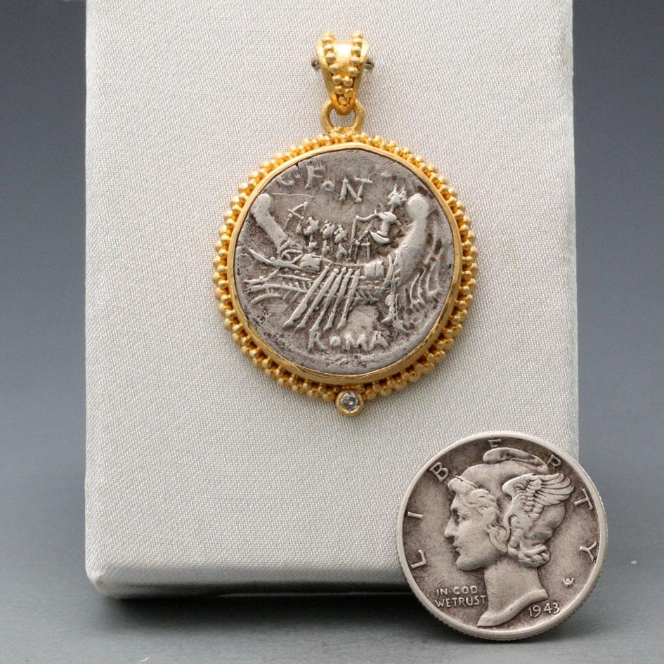 Women's or Men's Ancient Roman 2nd Century BC Galley Coin 22K Gold Pendant For Sale