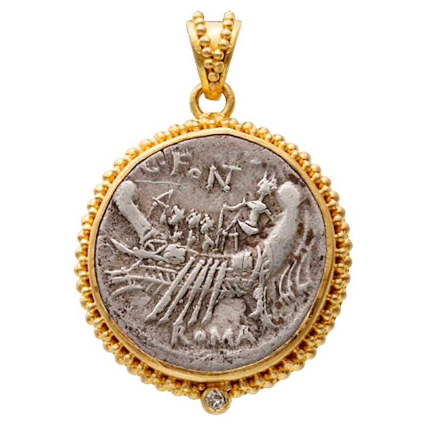 Ancient Roman 2nd Century BC Galley Coin 22K Gold Pendant