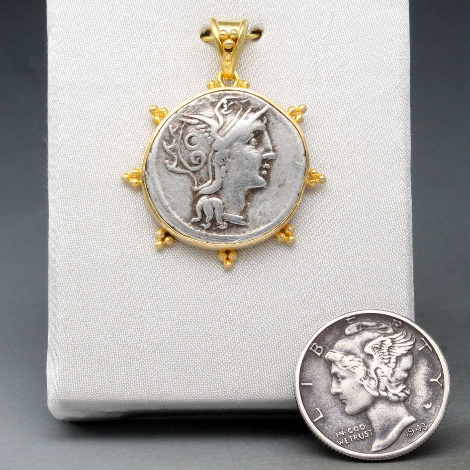 Ancient Roman 2nd Century BC Goddess Roma Coin 18K Gold Pendant 4