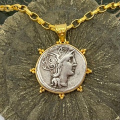Ancient Roman 2nd Century BC Goddess Roma Coin 18K Gold Pendant
