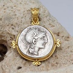 Ancient Roman 2nd Century BC Goddess Roma Coin 18K Gold Pendant