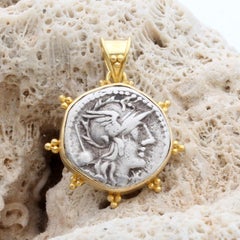 Ancient Roman 2nd Century BC Goddess Roma Coin 18K Gold Pendant