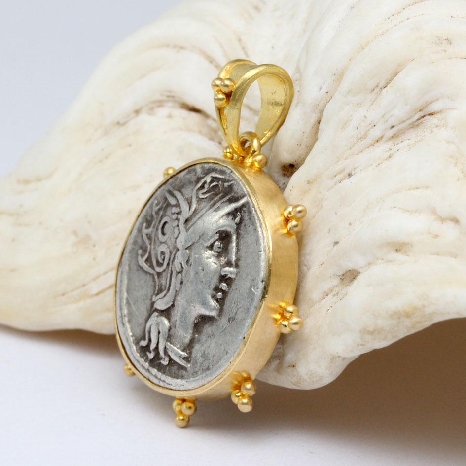 Ancient Roman 2nd Century BC Goddess Roma Coin 18K Gold Pendant 2