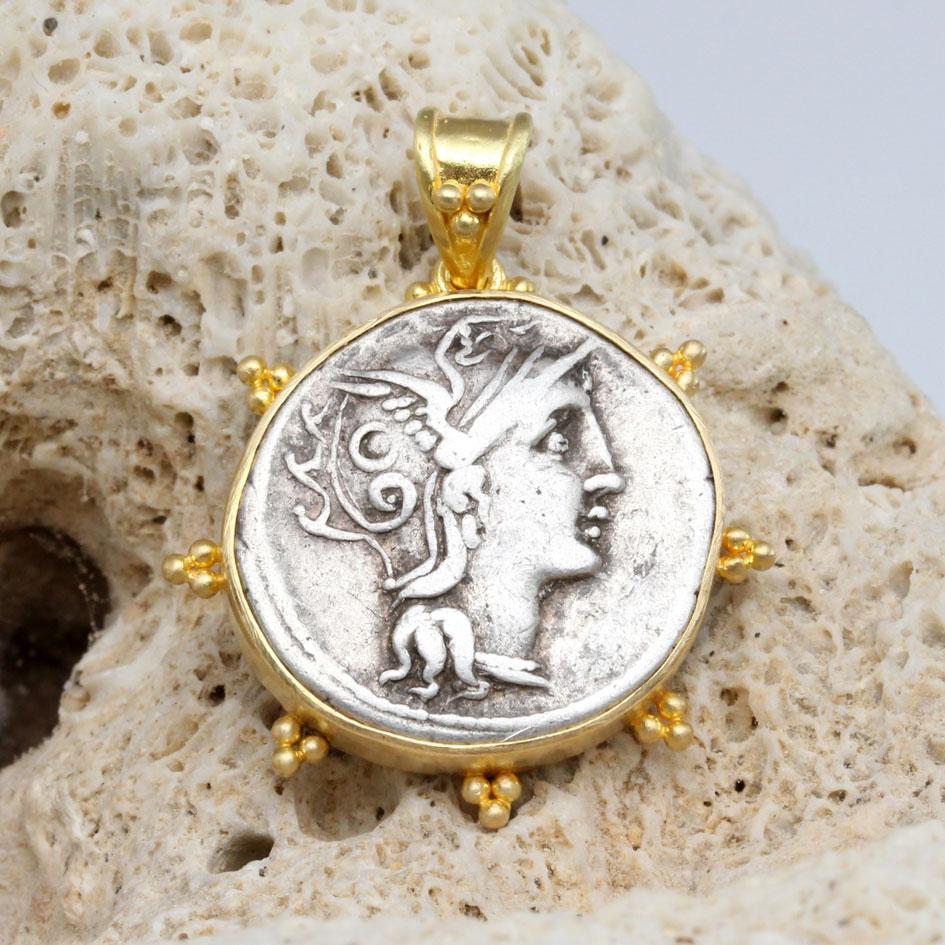 Ancient Roman 2nd Century BC Goddess Roma Coin 18K Gold Pendant 3