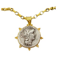 Ancient Roman 2nd Century BC Goddess Roma Coin 18K Gold Pendant