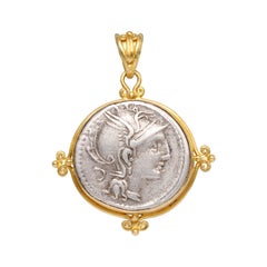 Ancient Roman 2nd Century BC Goddess Roma Coin 18K Gold Pendant