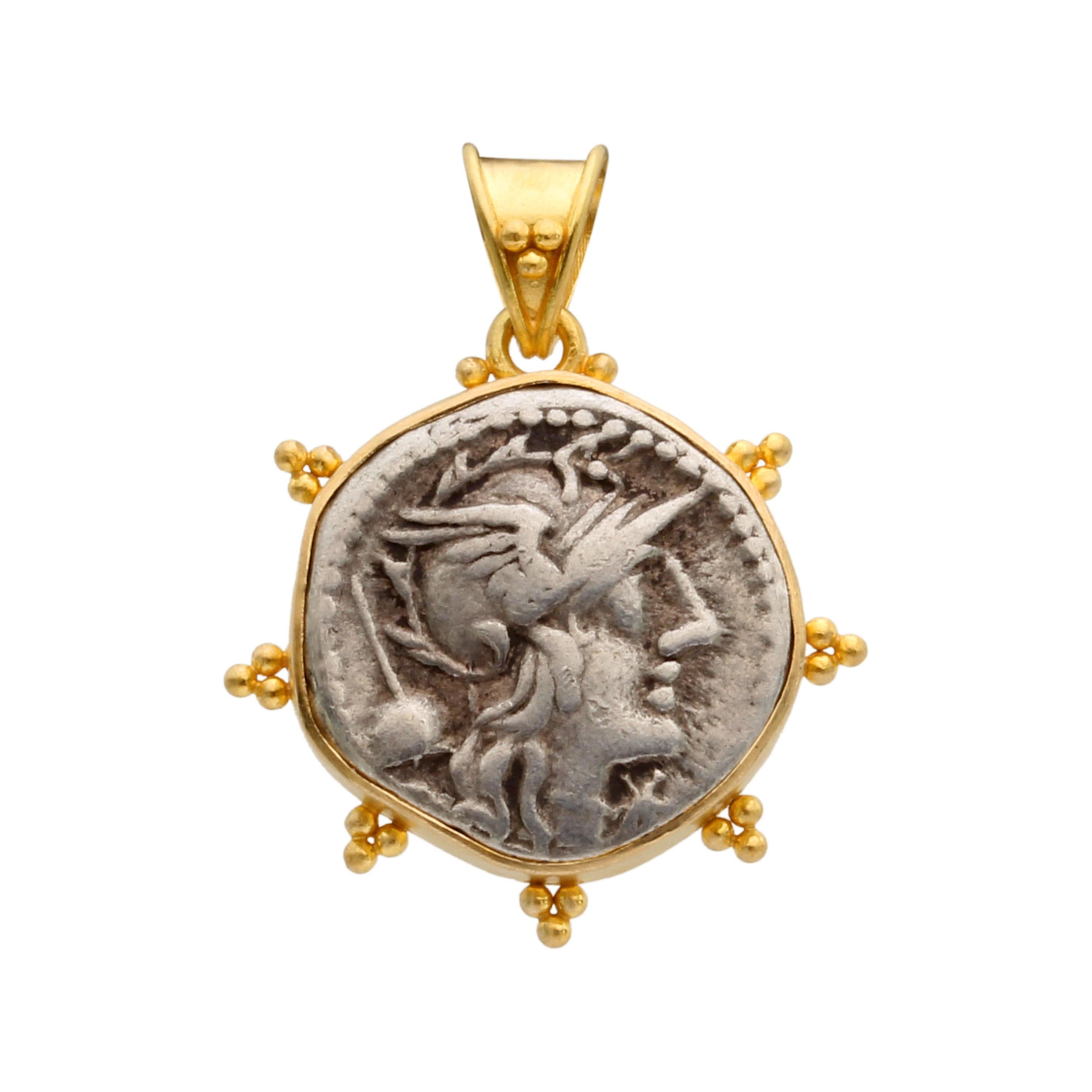 Ancient Roman 2nd Century BC Goddess Roma Coin 18K Gold Pendant