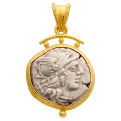 Ancient Roman 2nd Century BC Goddess Roma Coin 18K Gold Pendant