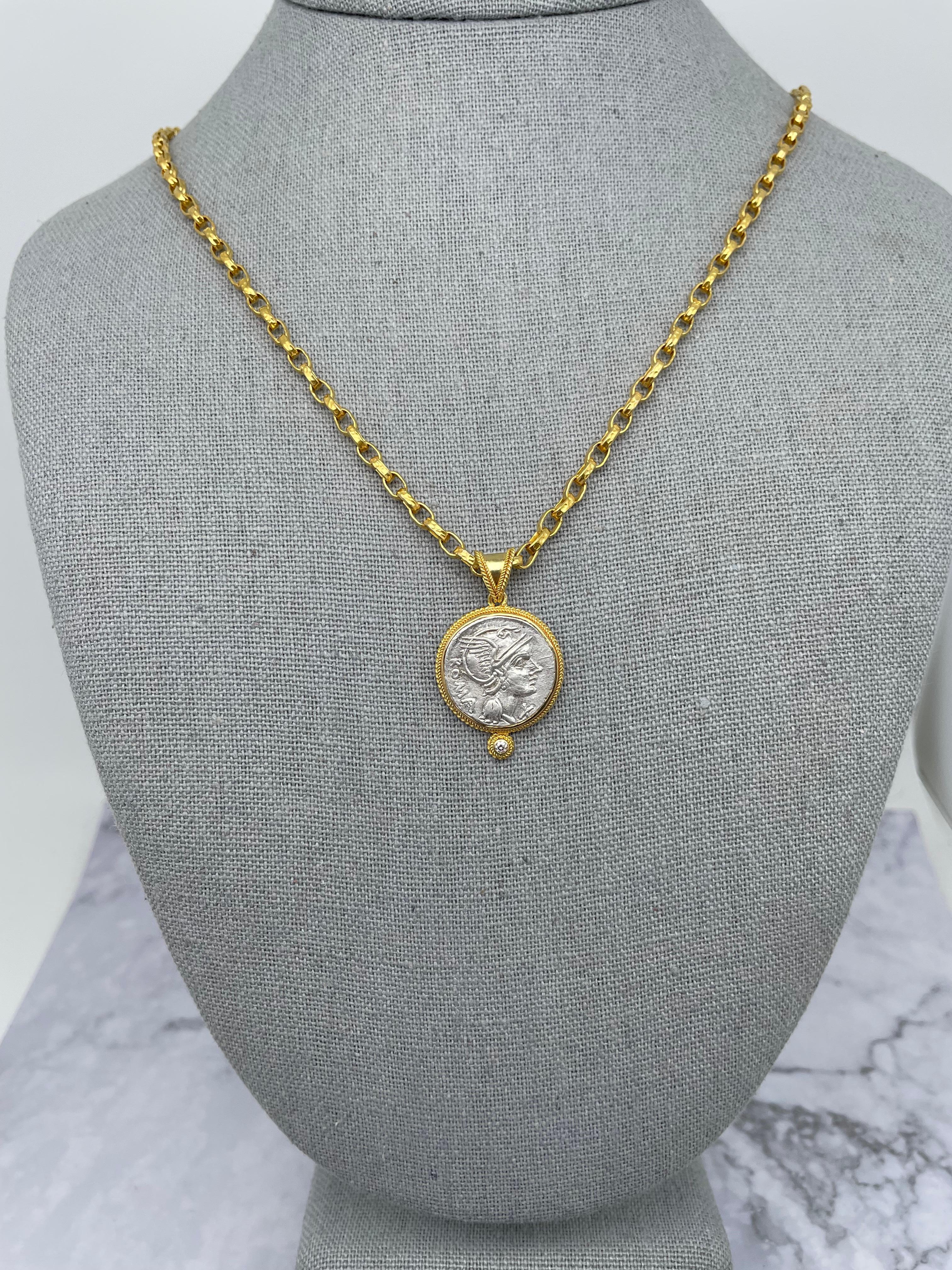 Ancient Roman 2nd Century BCE Goddess Roma Coin Diamond 18k Gold Pendant For Sale 6