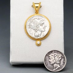 Ancient Roman 2nd Century BCE Goddess Roma Coin Diamond 18k Gold Pendant