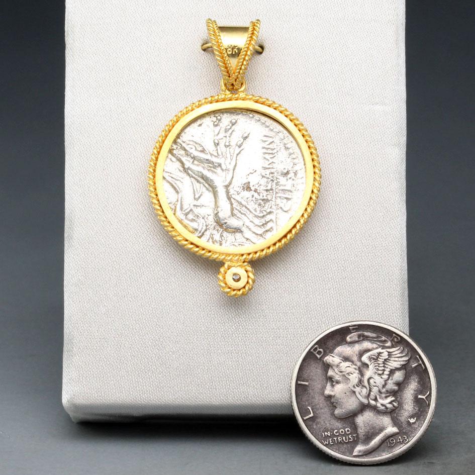 Classical Roman Ancient Roman 2nd Century BCE Goddess Roma Coin Diamond 18k Gold Pendant For Sale