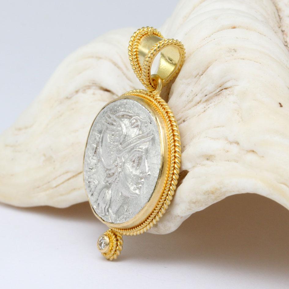 Rose Cut Ancient Roman 2nd Century BCE Goddess Roma Coin Diamond 18k Gold Pendant For Sale