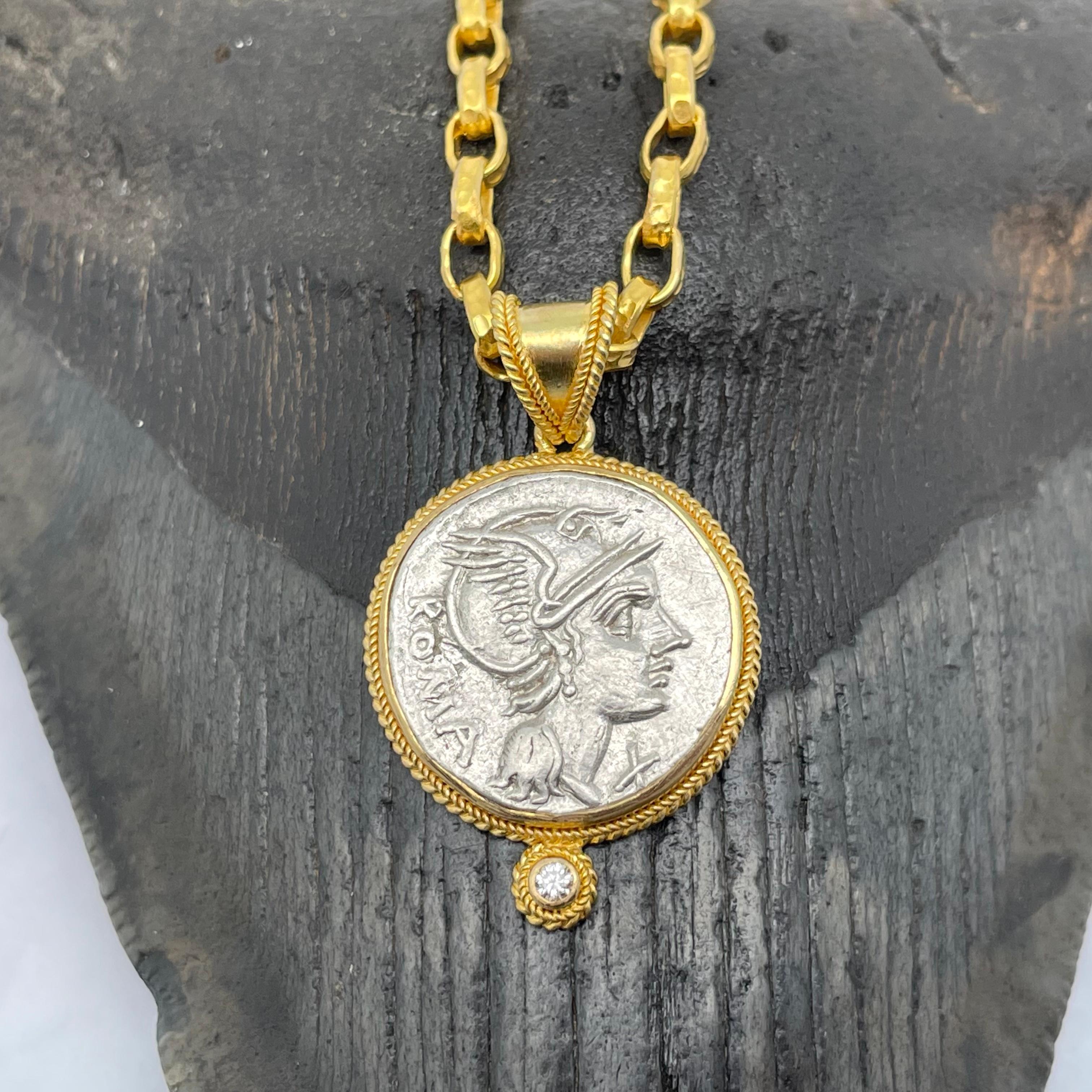 Ancient Roman 2nd Century BCE Goddess Roma Coin Diamond 18k Gold Pendant For Sale 1