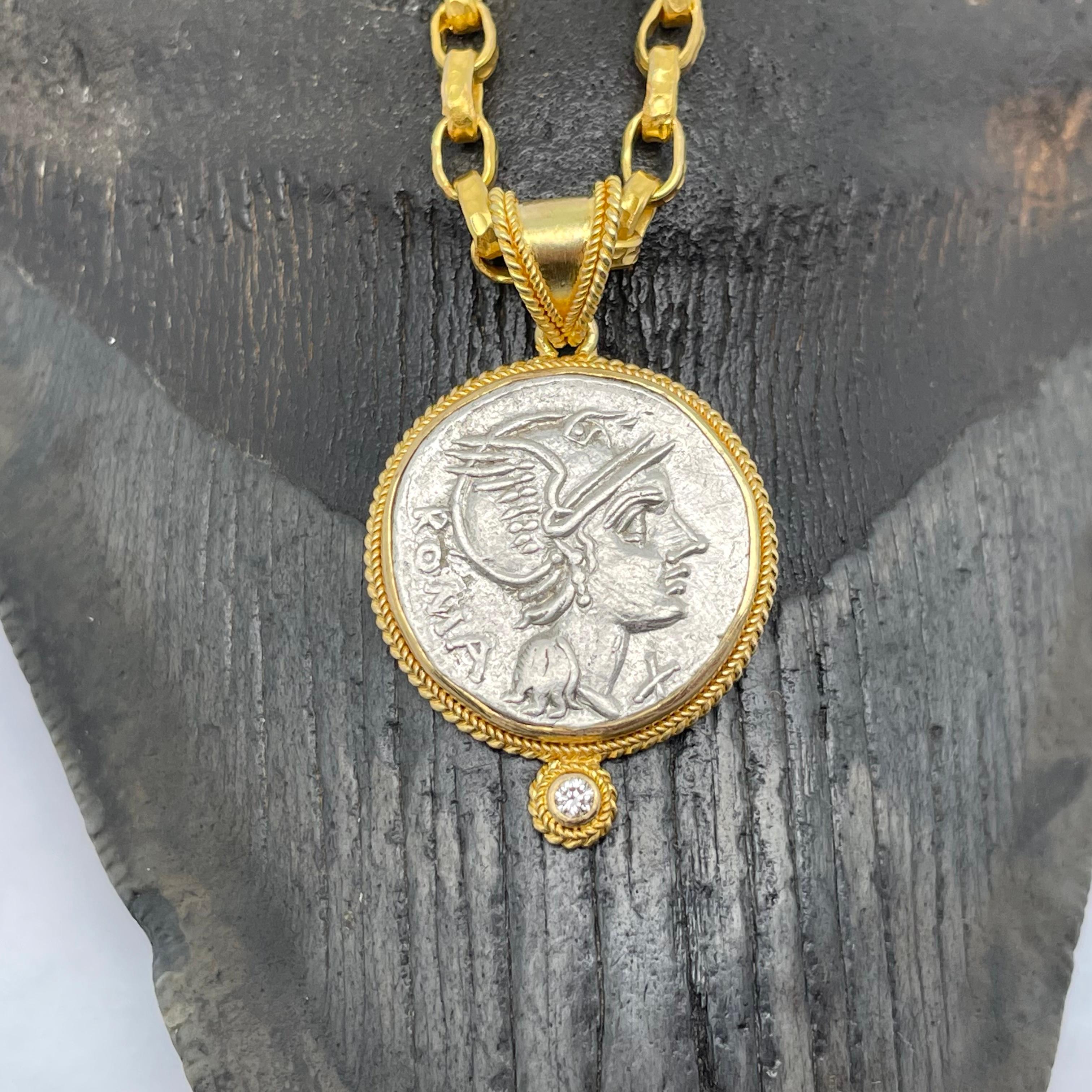 Ancient Roman 2nd Century BCE Goddess Roma Coin Diamond 18k Gold Pendant For Sale 3