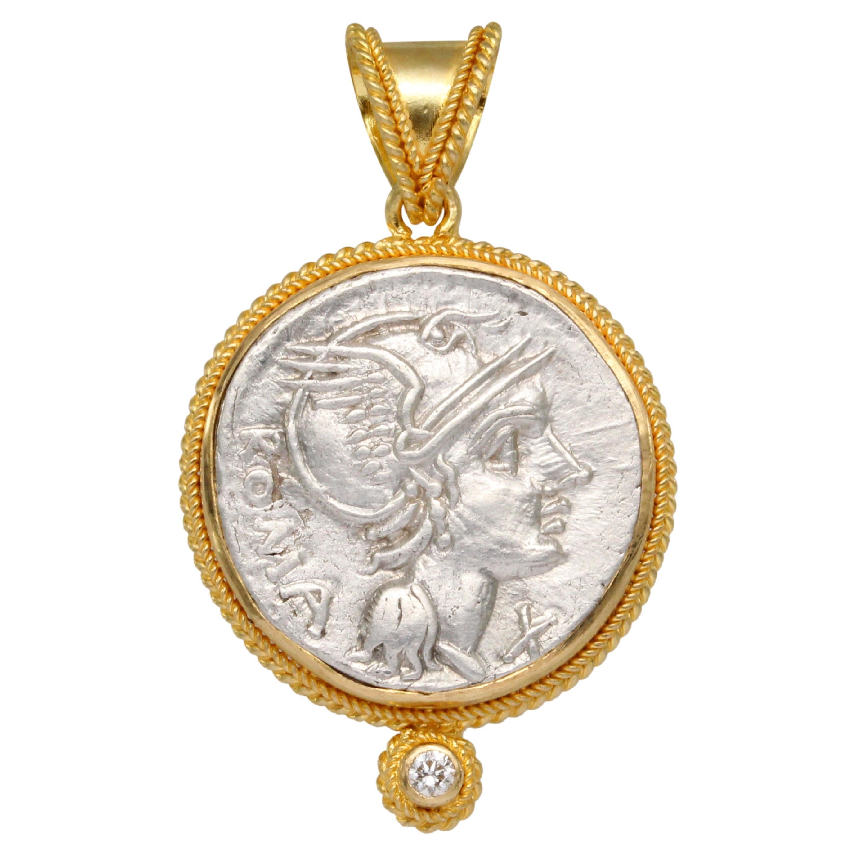 Ancient Roman 2nd Century BCE Goddess Roma Coin Diamond 18k Gold Pendant For Sale