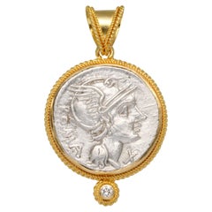 Ancient Roman 2nd Century BCE Goddess Roma Coin Diamond 18k Gold Pendant