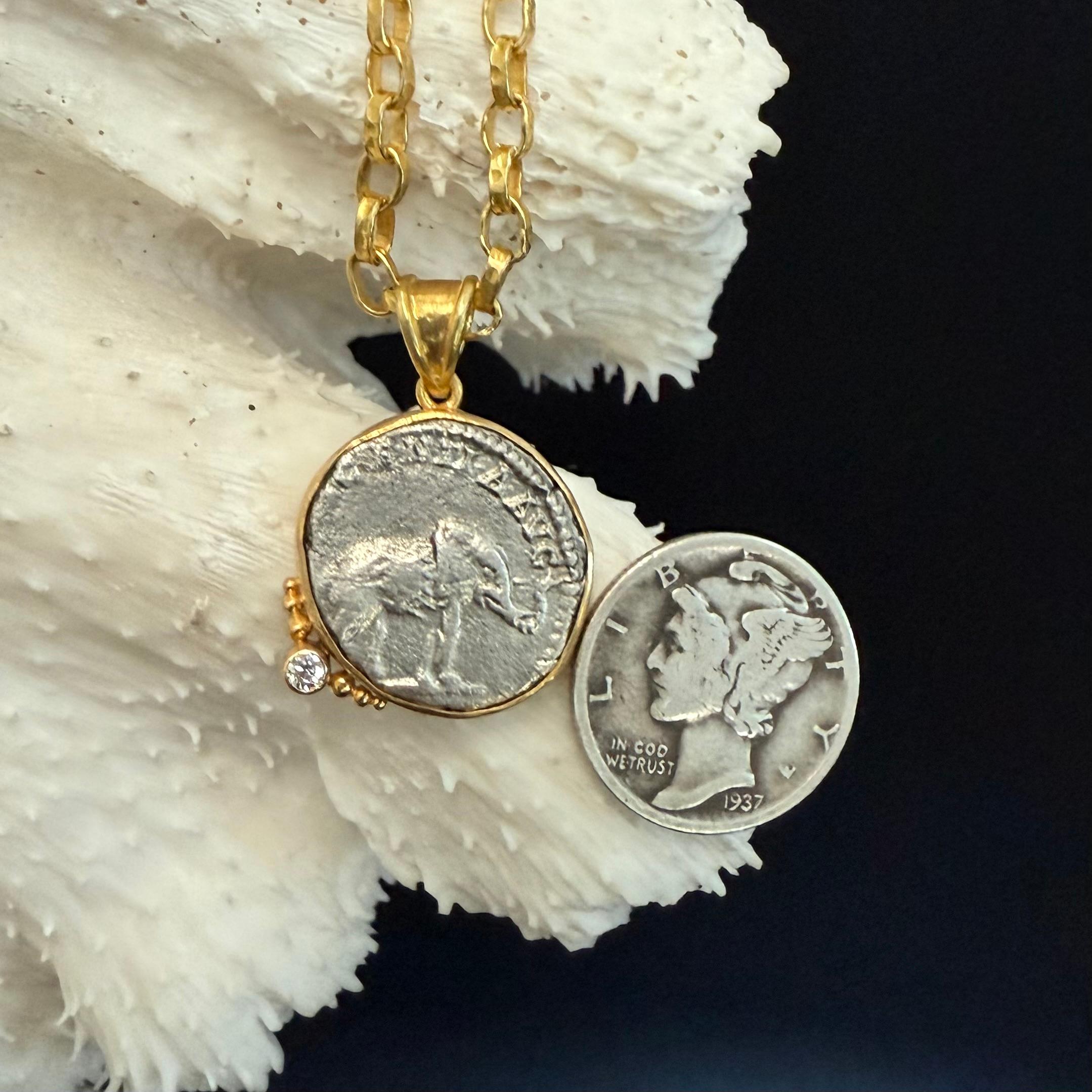 Ancient Roman 2nd Century Silver Elephant Coin 18K Gold Diamond Pendant For Sale 4