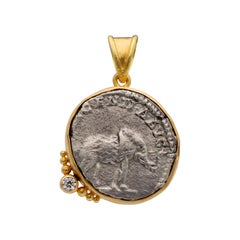 Ancient Roman 2nd Century Silver Elephant Coin 18K Gold Diamond Pendant