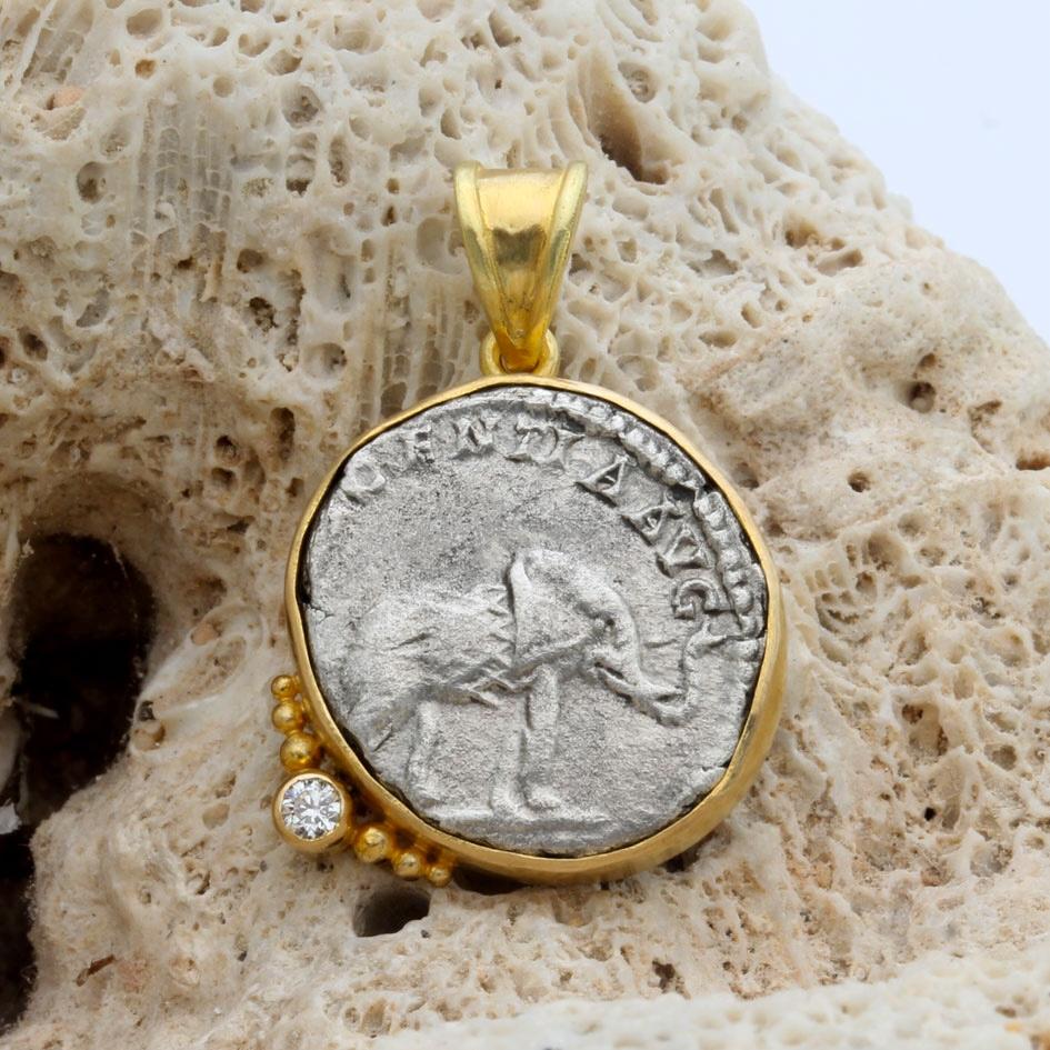 Classical Roman Ancient Roman 2nd Century Silver Elephant Coin 18K Gold Diamond Pendant For Sale