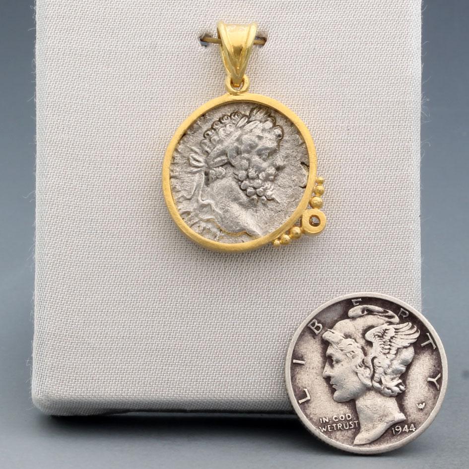 Ancient Roman 2nd Century Silver Elephant Coin 18K Gold Diamond Pendant In New Condition For Sale In Soquel, CA