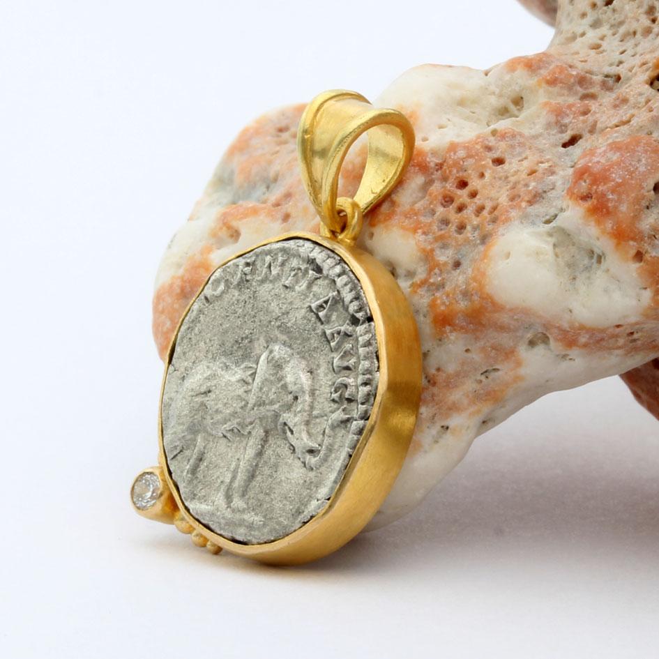 Women's or Men's Ancient Roman 2nd Century Silver Elephant Coin 18K Gold Diamond Pendant For Sale