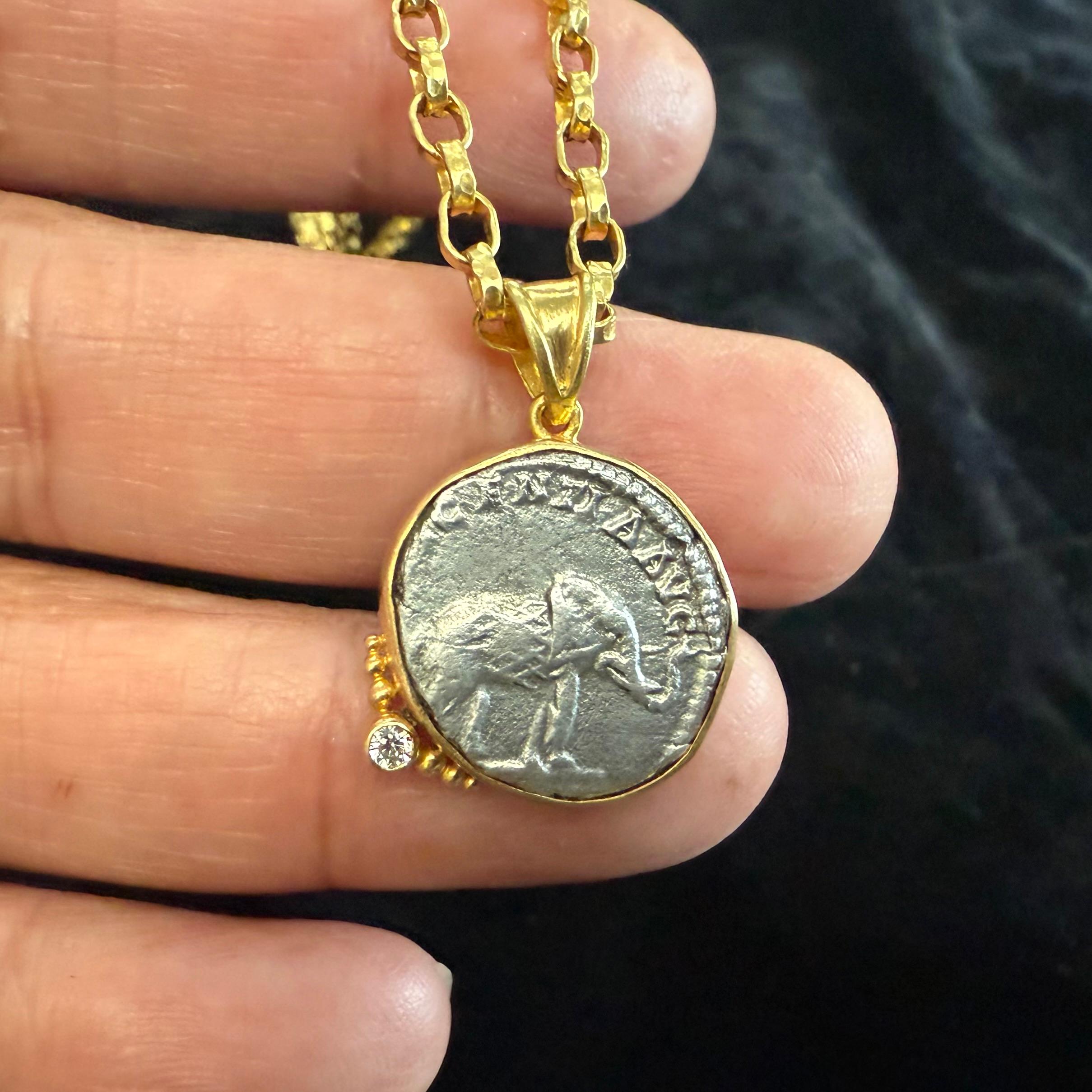 Ancient Roman 2nd Century Silver Elephant Coin 18K Gold Diamond Pendant For Sale 1
