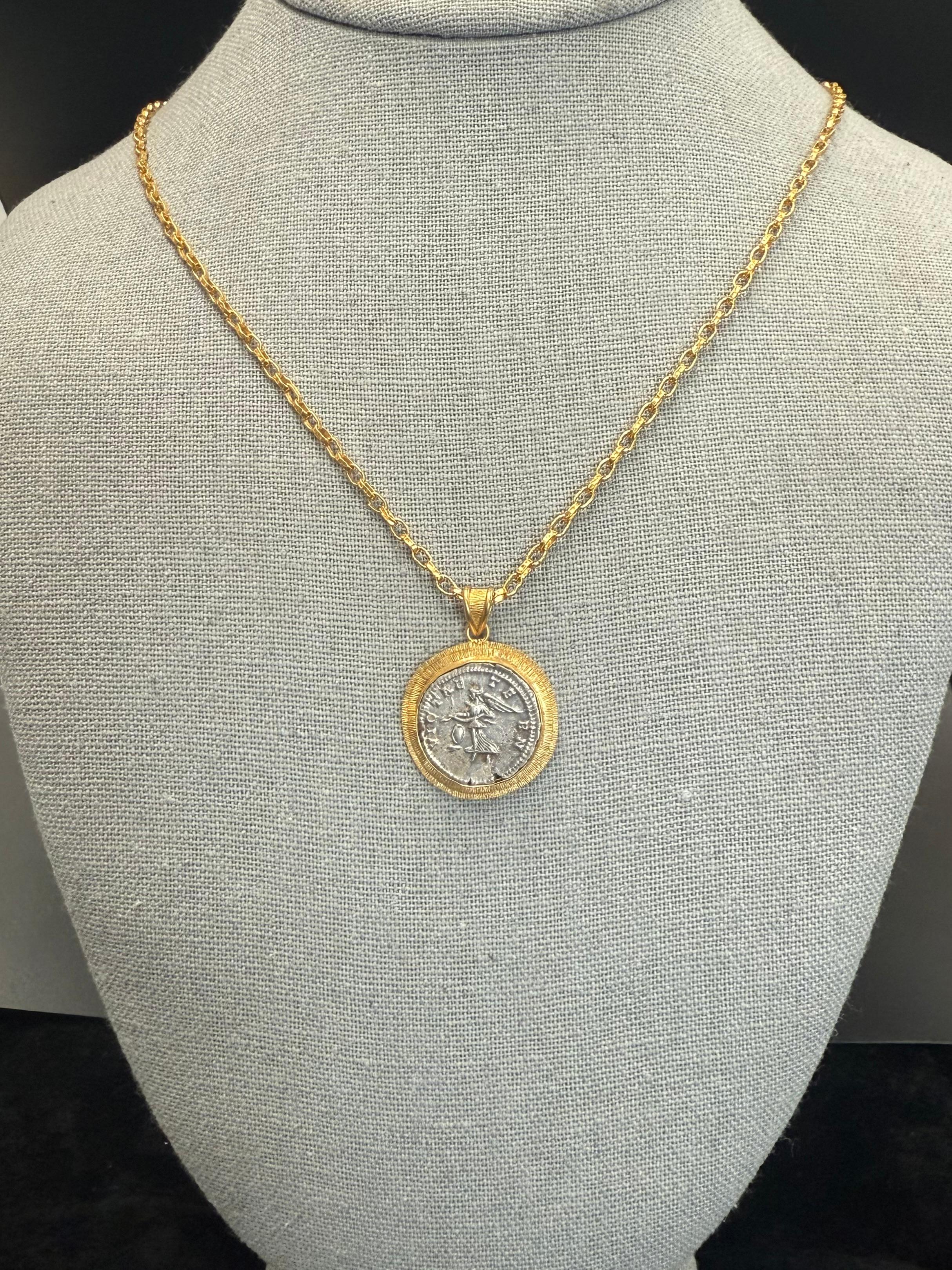 Ancient Roman 2nd Century Silver Goddess Victory Coin 18K Gold Pendant For Sale 6