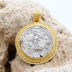 Ancient Roman 2nd Century Silver Goddess Victory Coin 18K Gold Pendant