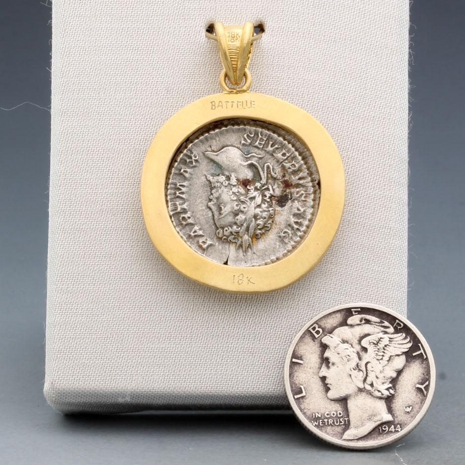 Women's or Men's Ancient Roman 2nd Century Silver Goddess Victory Coin 18K Gold Pendant For Sale