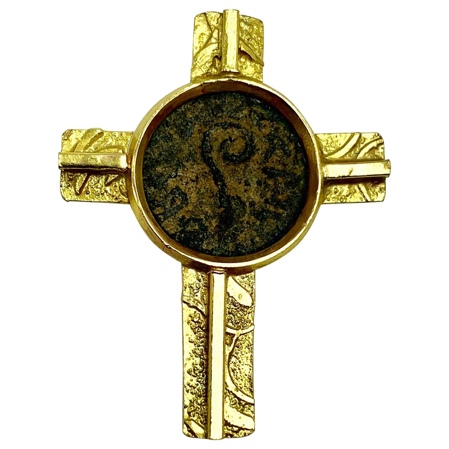 Ancient Roman 30 A.D. Pontius Pilate Bronze Coin Gold Cross Pendant, Ford Estate