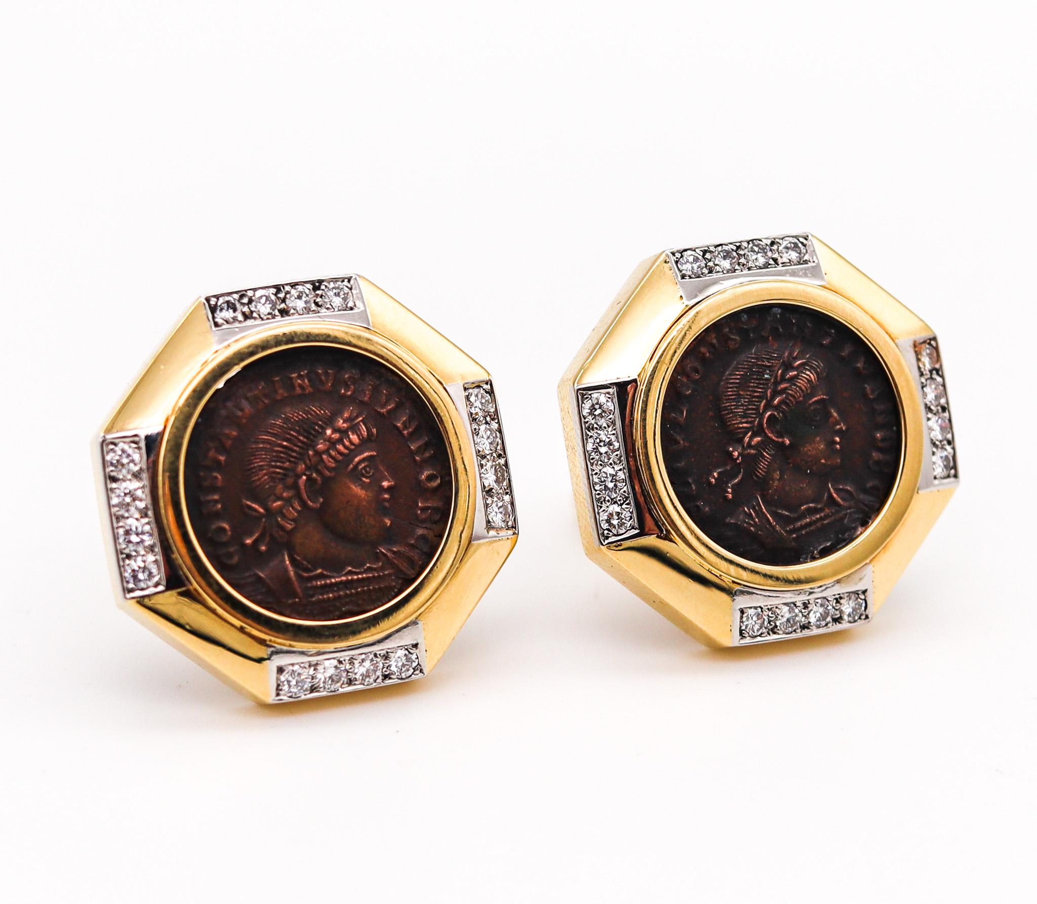 Pair of earrings with Ancient Romans Coins.

An elegant pair of modernist coins earrings, crafted in Italy in solid yellow gold of 18 karats and platinum parts for the setting of the diamonds. Created with octagonal shapes and professionally mounted