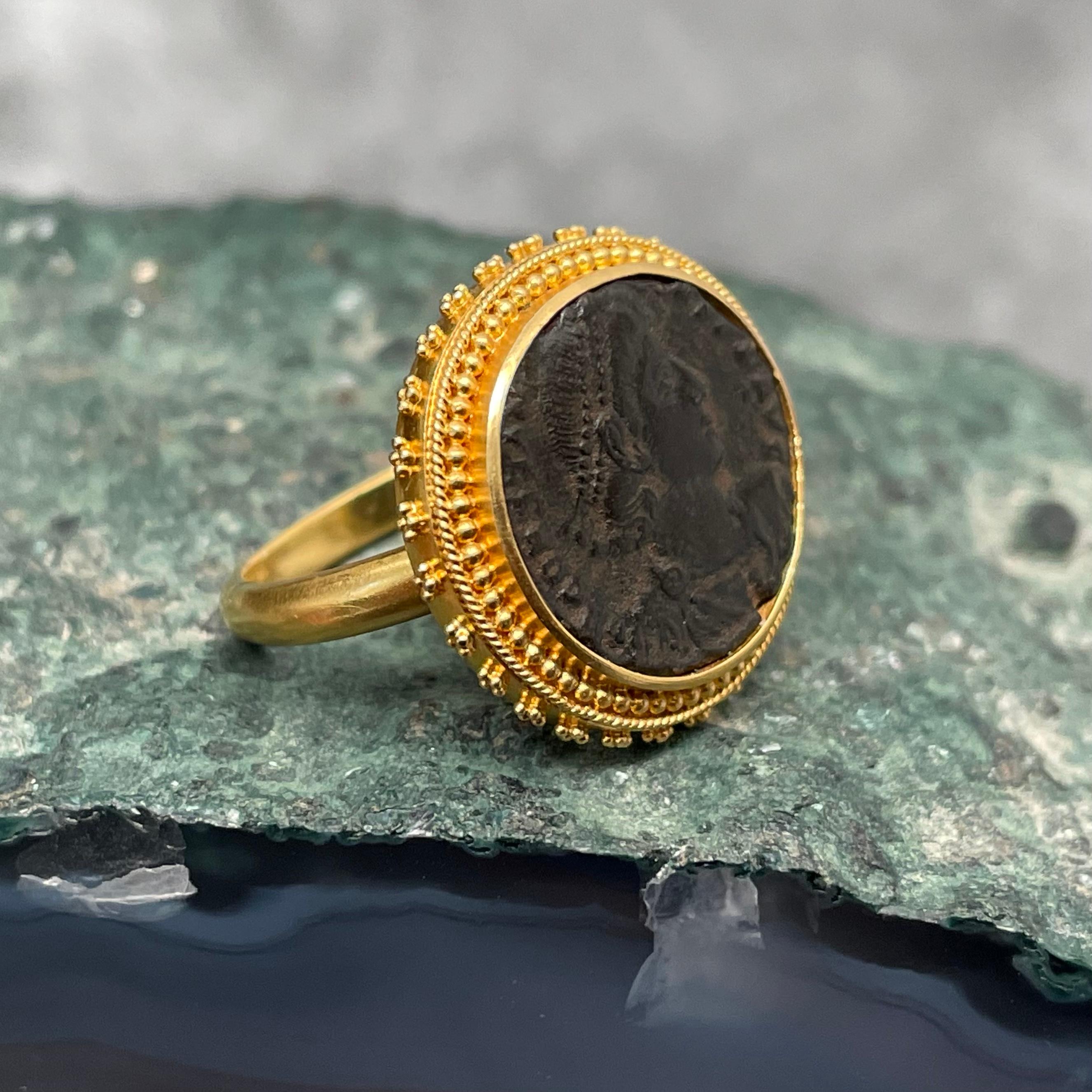 Classical Roman Ancient Roman 3rd Century Constantius II Coin 22K Gold Ring For Sale