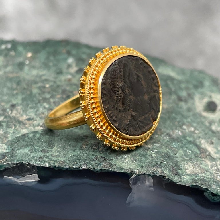 Ancient Roman 3rd Century Constantius II Coin 22K Gold Ring For Sale 1