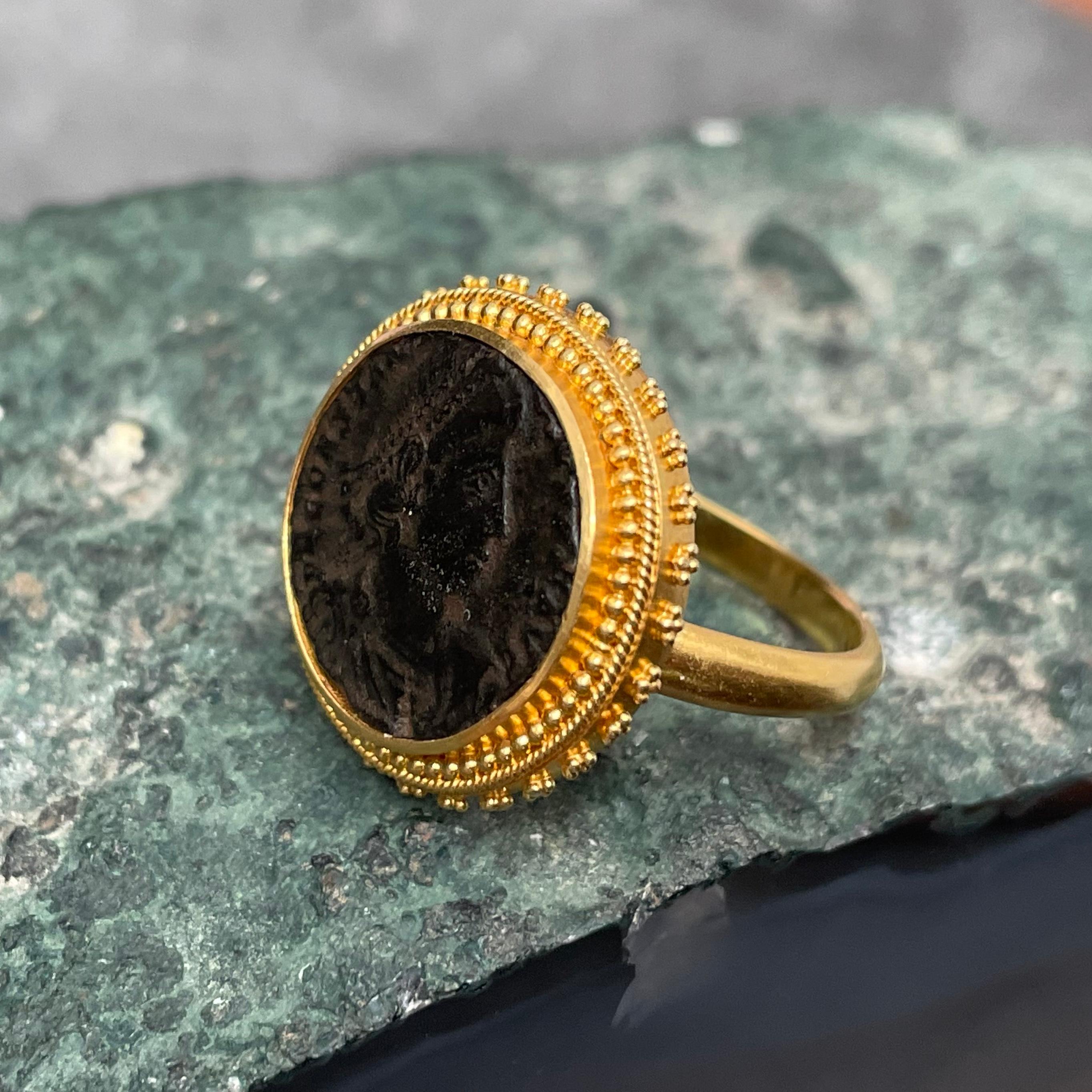 Ancient Roman 3rd Century Constantius II Coin 22K Gold Ring 1