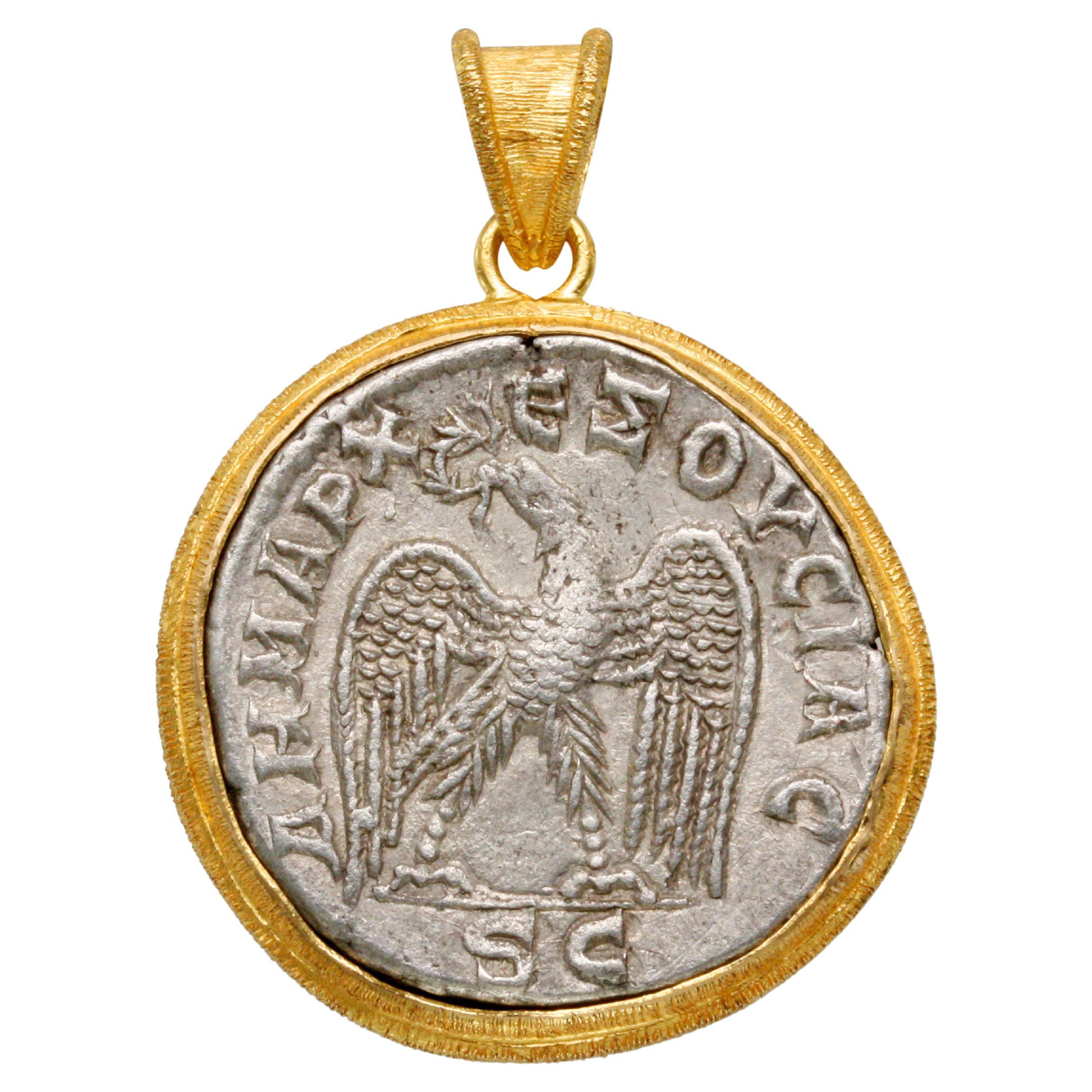 Ancient Roman 3rd Century Eagle Coin 18K Gold Pendant