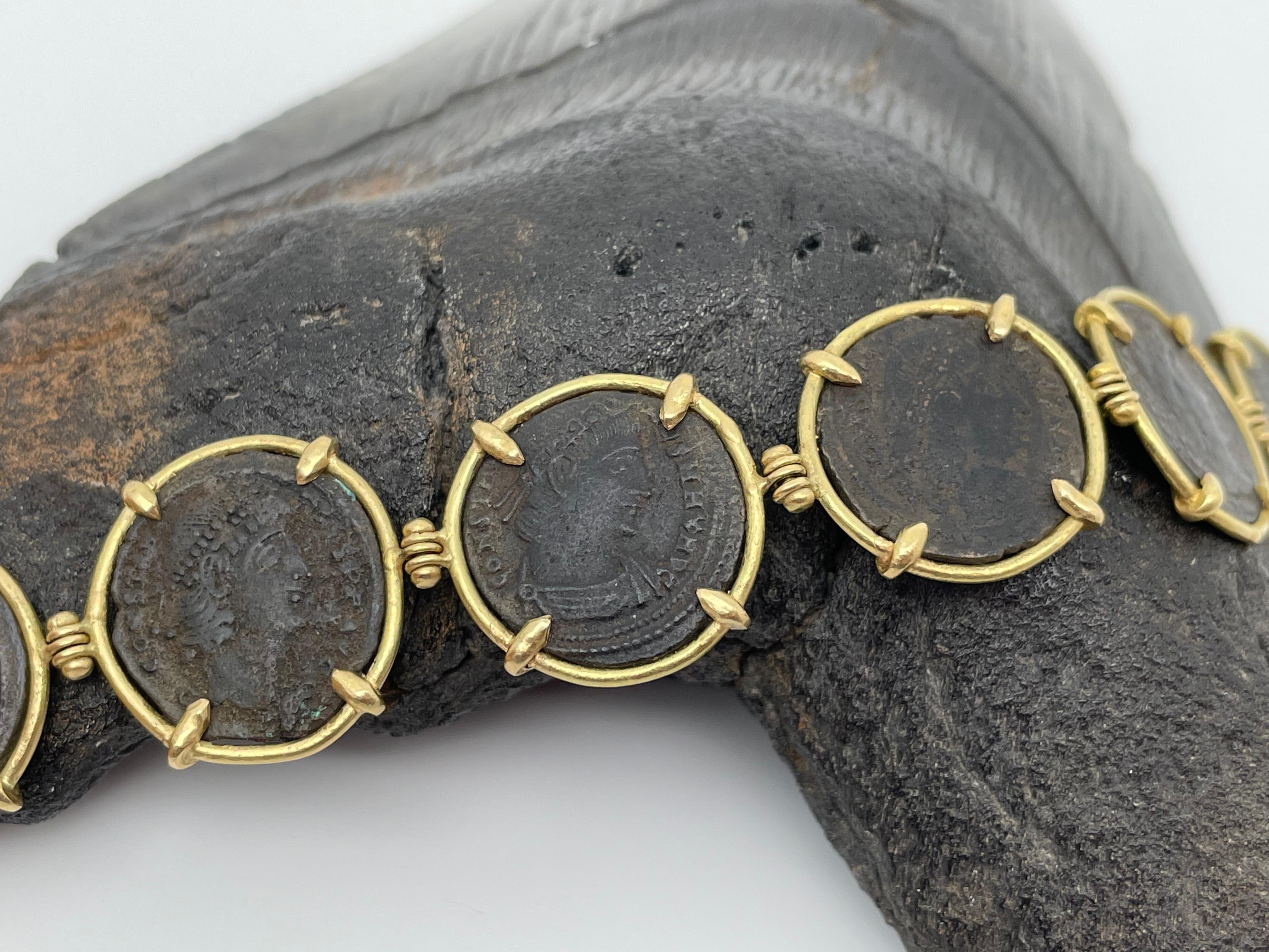 Women's or Men's Ancient Roman 3rd Century Emperor Constans Coins 18K Gold Bracelet  For Sale