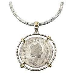 Ancient Roman 3rd Century Herinnia Coin Silver 18k Gold Pendant with Wovenchain 