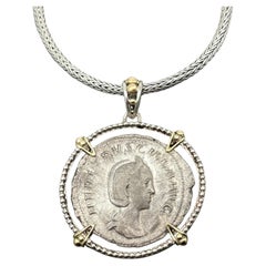 Ancient Roman 3rd Century Herinnia Coin Silver 18k Gold Pendant with Wovenchain
