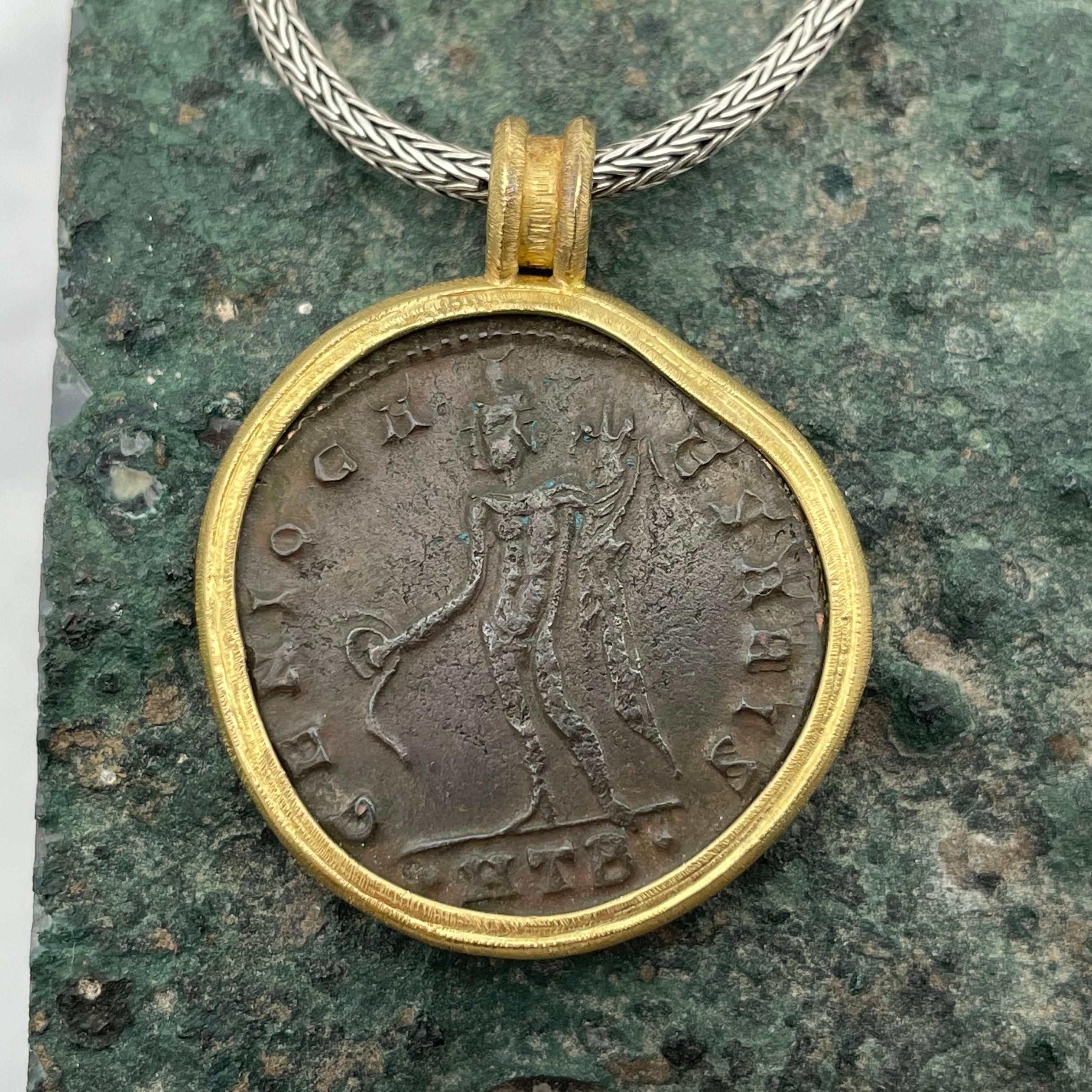 Classical Roman Ancient Roman 3rd Century Maximinus II Coin 18K Gold Pendant with Silver Chain