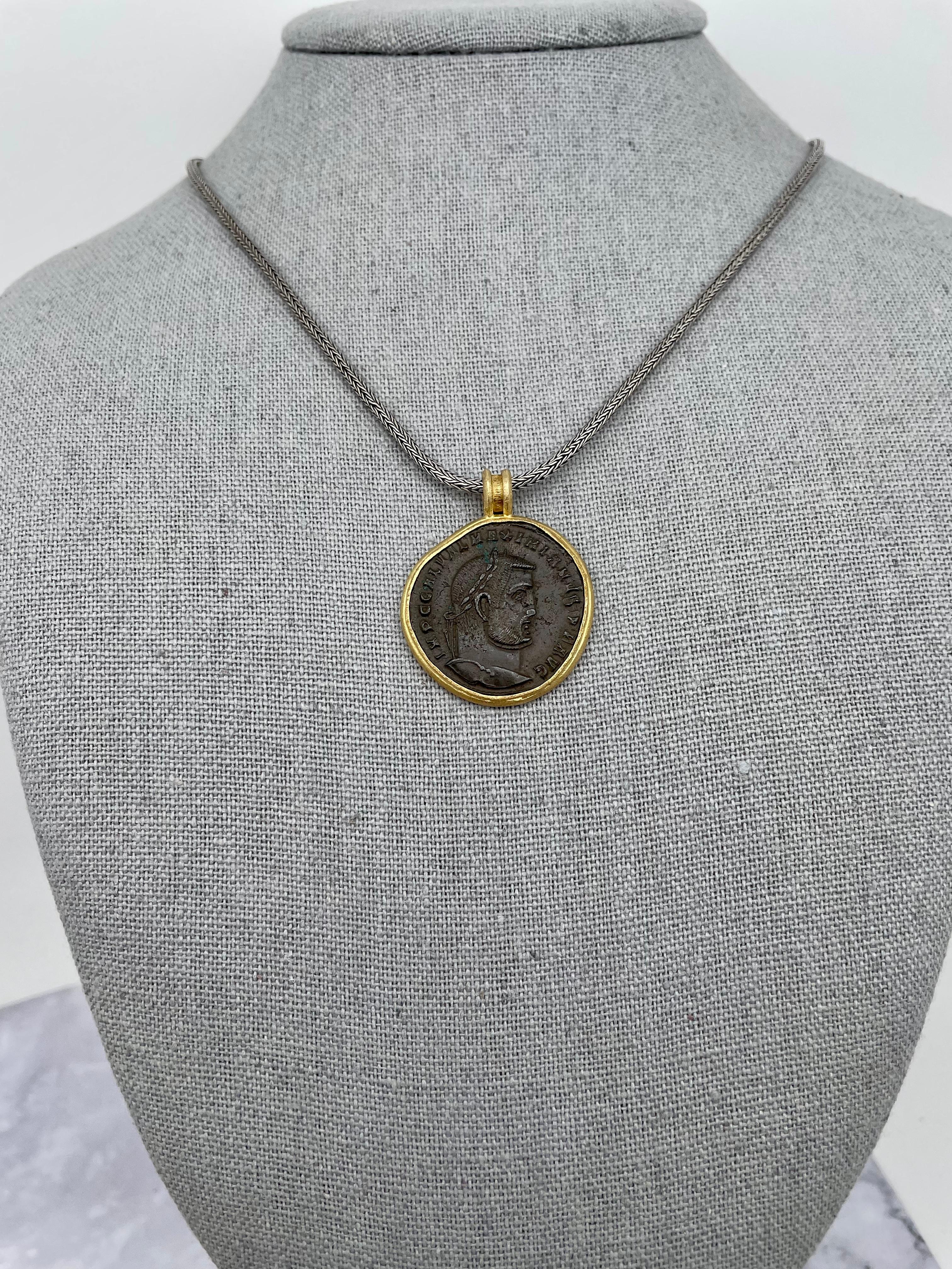 Ancient Roman 3rd Century Maximinus II Coin 18K Gold Pendant with Silver Chain In New Condition In Soquel, CA
