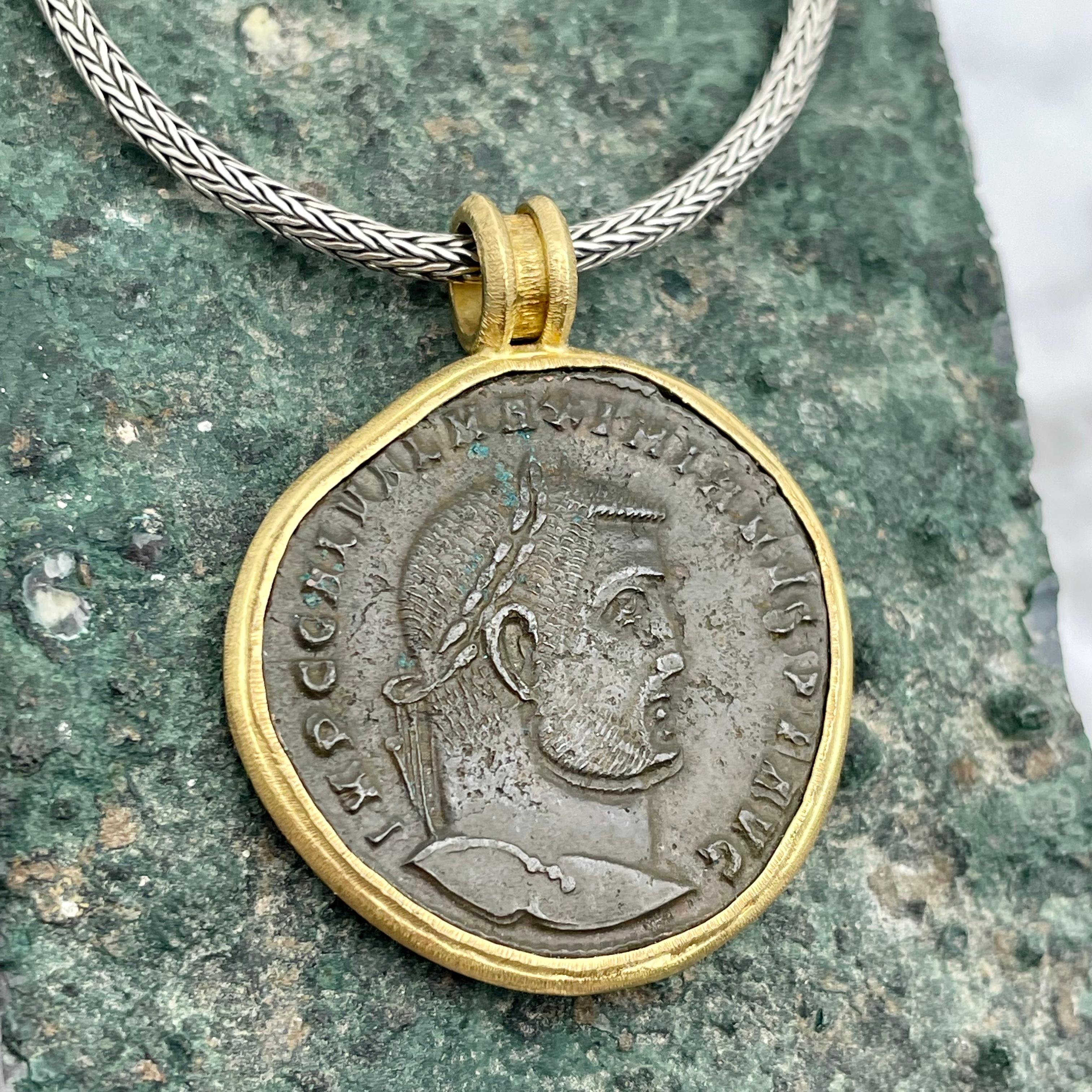Ancient Roman 3rd Century Maximinus II Coin 18K Gold Pendant with Silver Chain 1