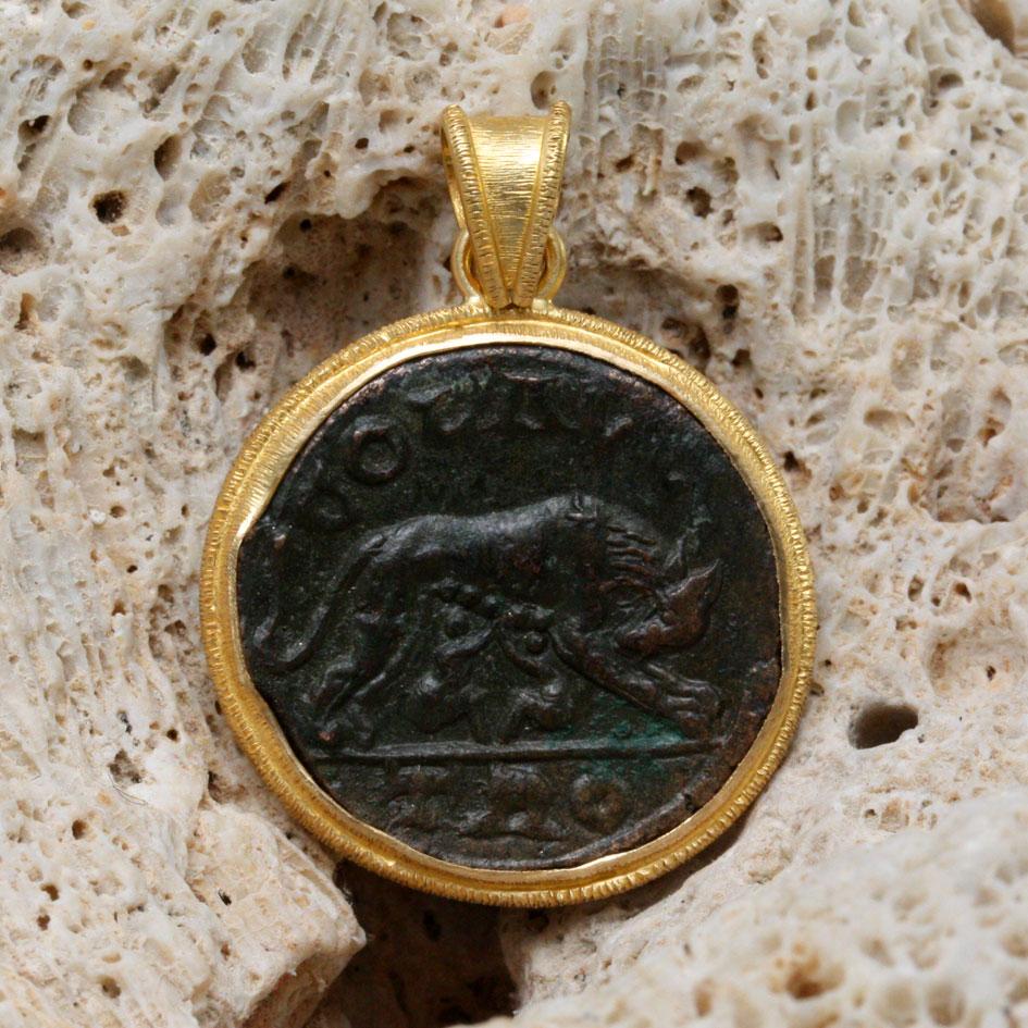 Ancient Roman 3rd Century Romulus and Remus Wolf Coin 18K Gold Pendant 4