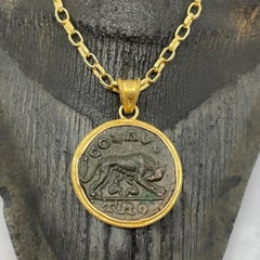 Ancient Roman 3rd Century Romulus and Remus Wolf Coin 18K Gold Pendant