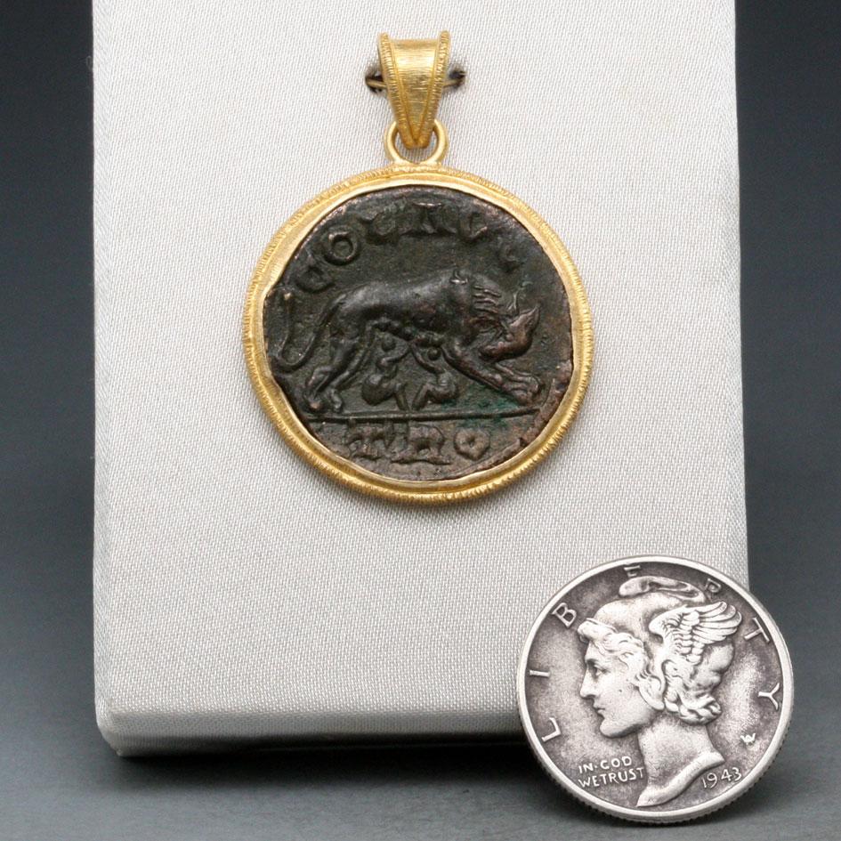 Ancient Roman 3rd Century Romulus and Remus Wolf Coin 18K Gold Pendant 3