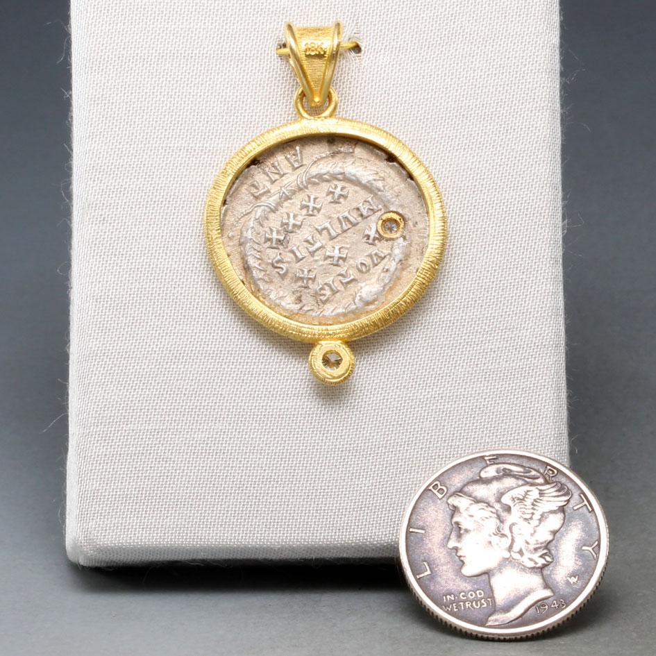 Classical Roman Ancient Roman 4th Century AD Constantius II Coin Diamonds 18K Gold Pendant  For Sale