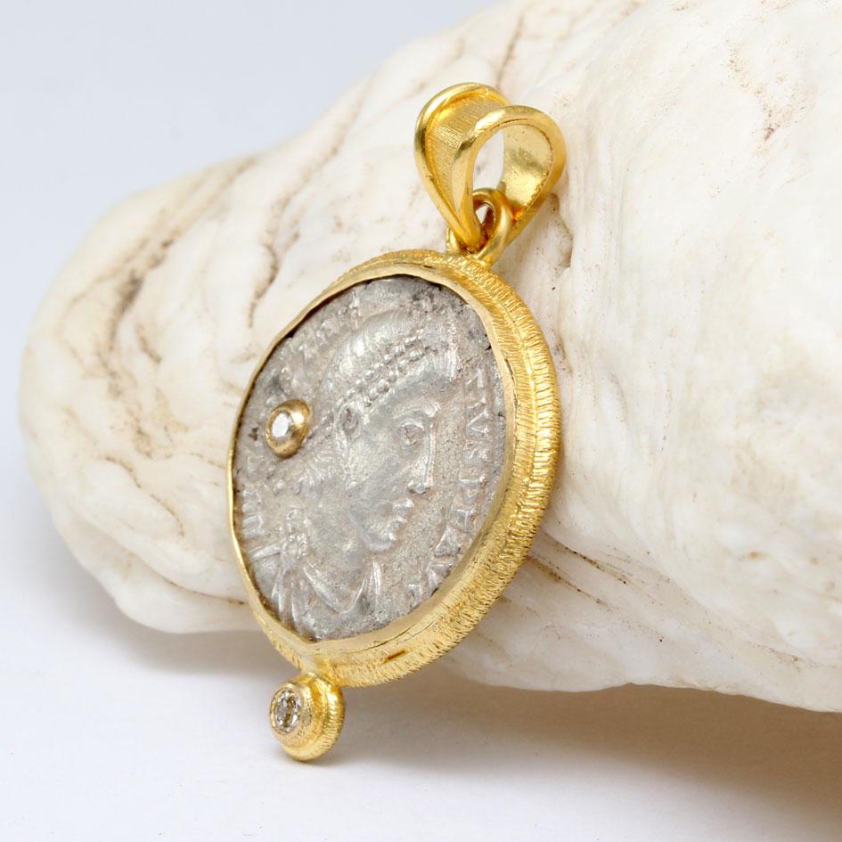 Rose Cut Ancient Roman 4th Century AD Constantius II Coin Diamonds 18K Gold Pendant  For Sale