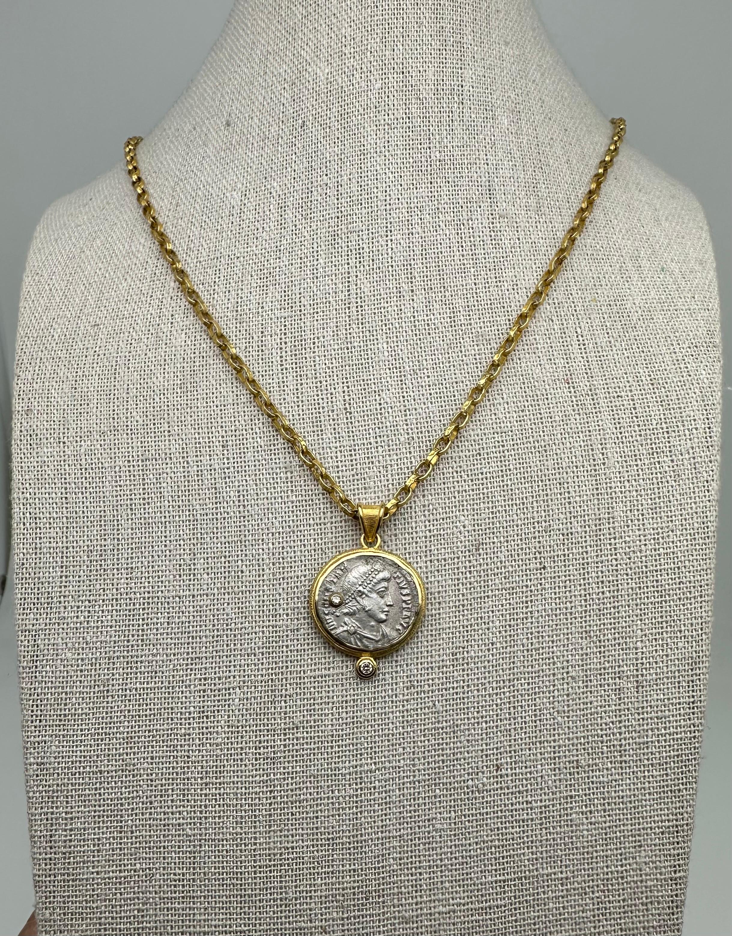 Women's or Men's Ancient Roman 4th Century AD Constantius II Coin Diamonds 18K Gold Pendant  For Sale