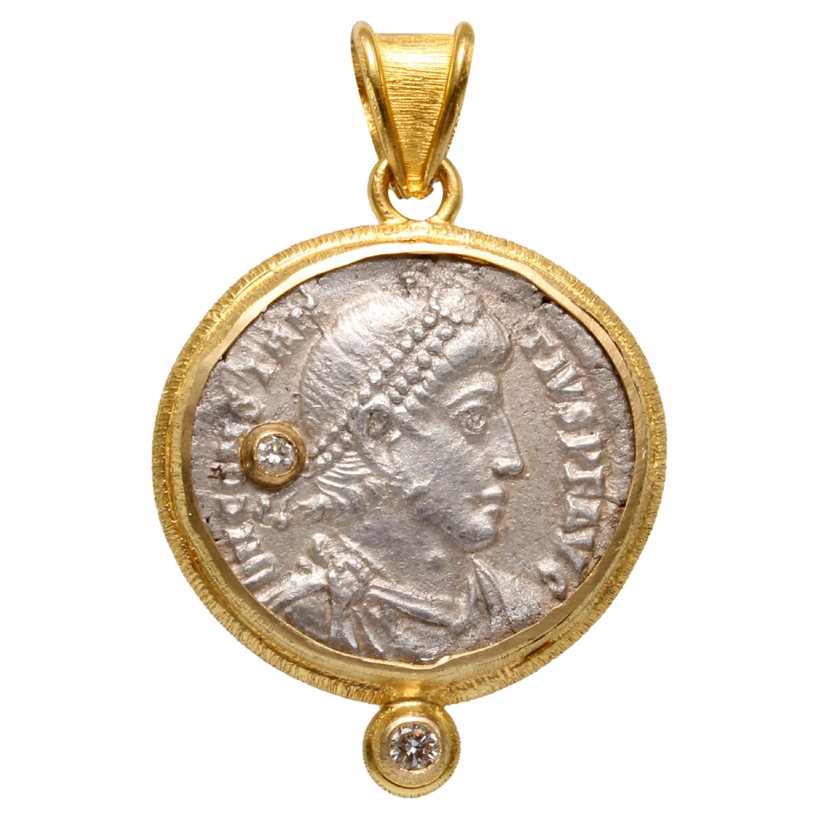 Ancient Roman 4th Century AD Constantius II Coin Diamonds 18K Gold Pendant  For Sale